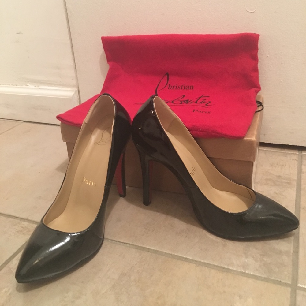 Black patent leather designer heels